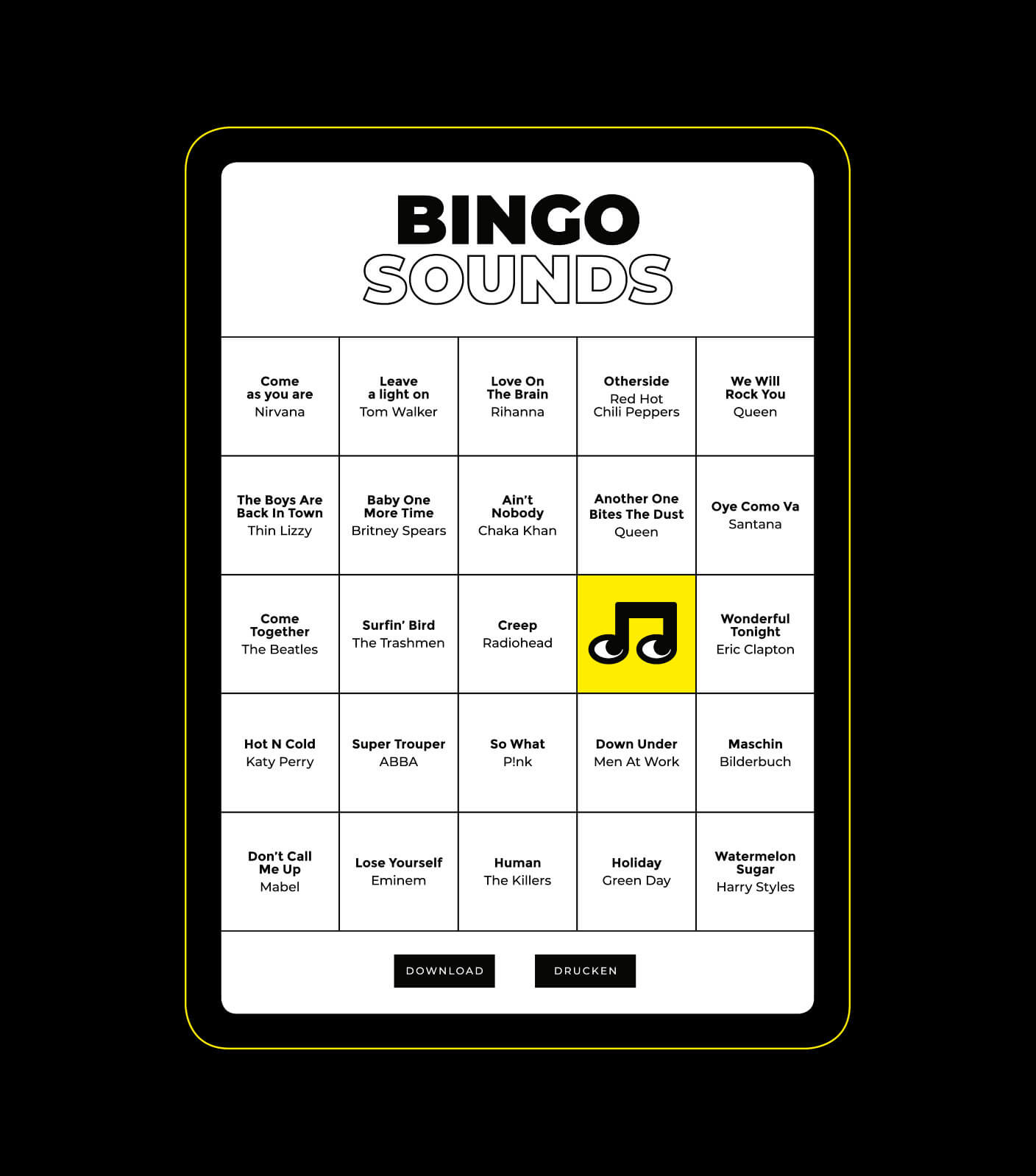 The bingo sheet showing various songs in an ipad mockup.