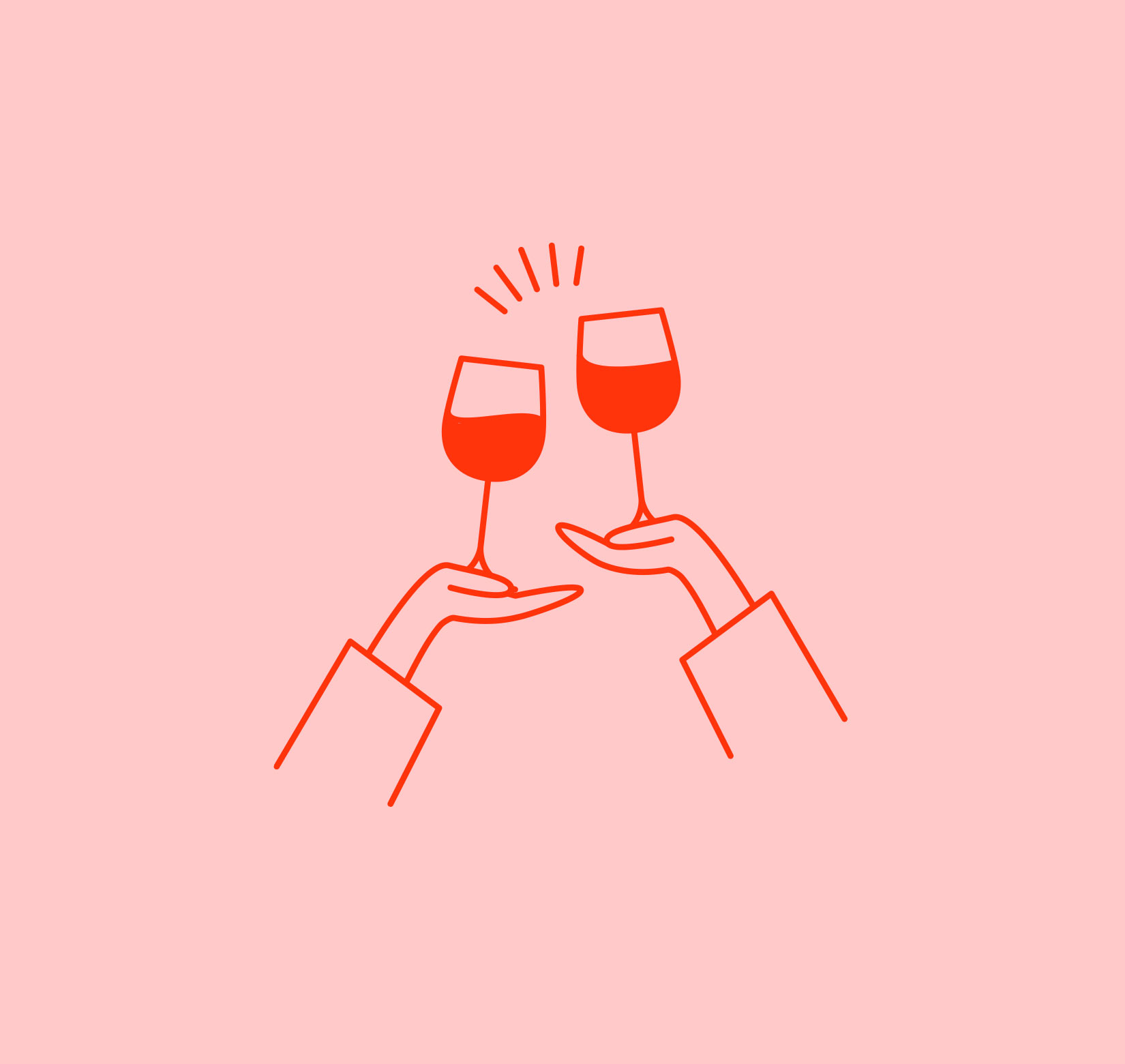 An illustration of two hands holding wine-glasses and clinking them together.