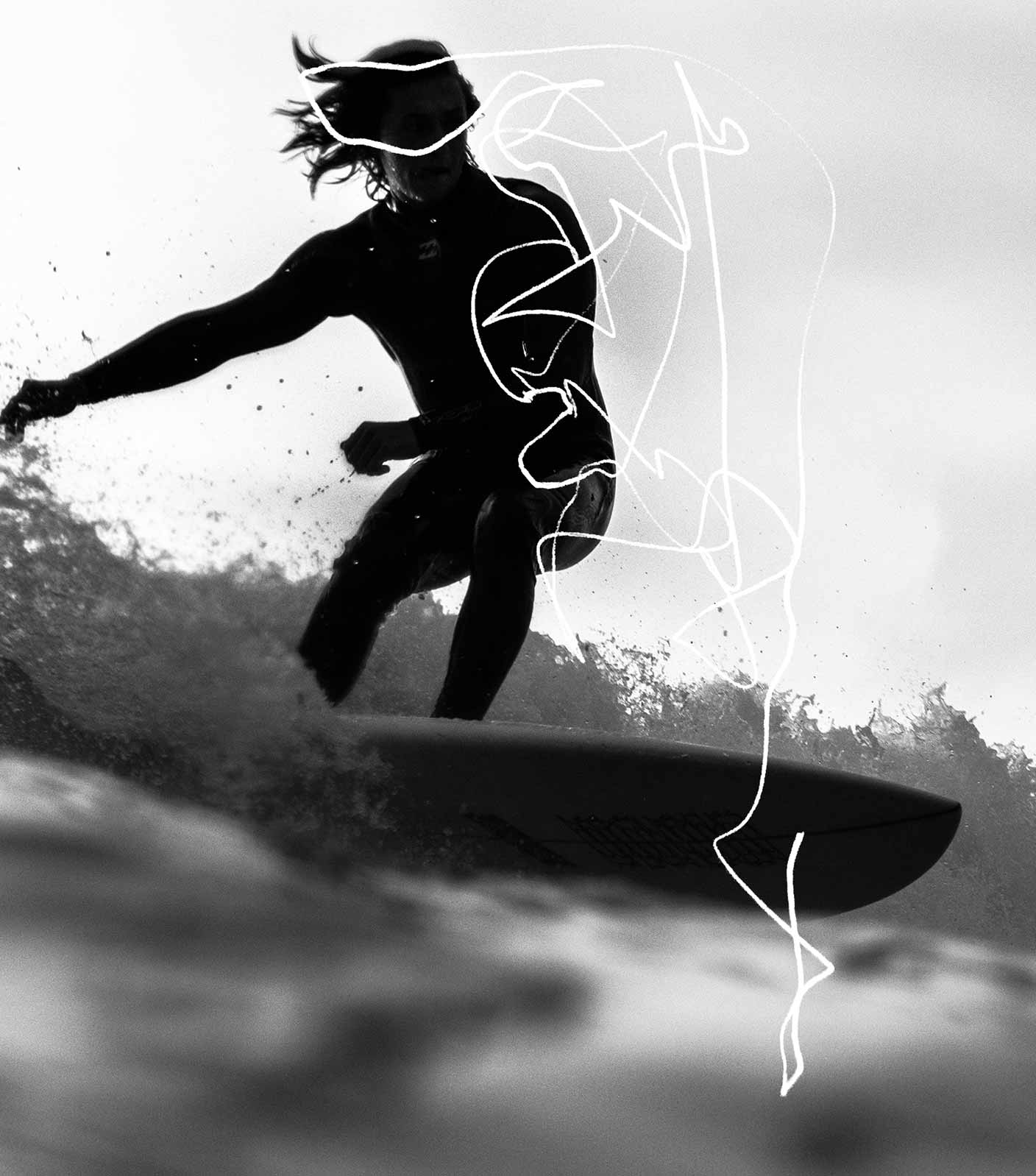 A black-and-white photo of a surfer with long hair doing a fast smooth turn on a small wave, shot from close above the ocean surface with white scribble lines drawn over it imitating the movement.