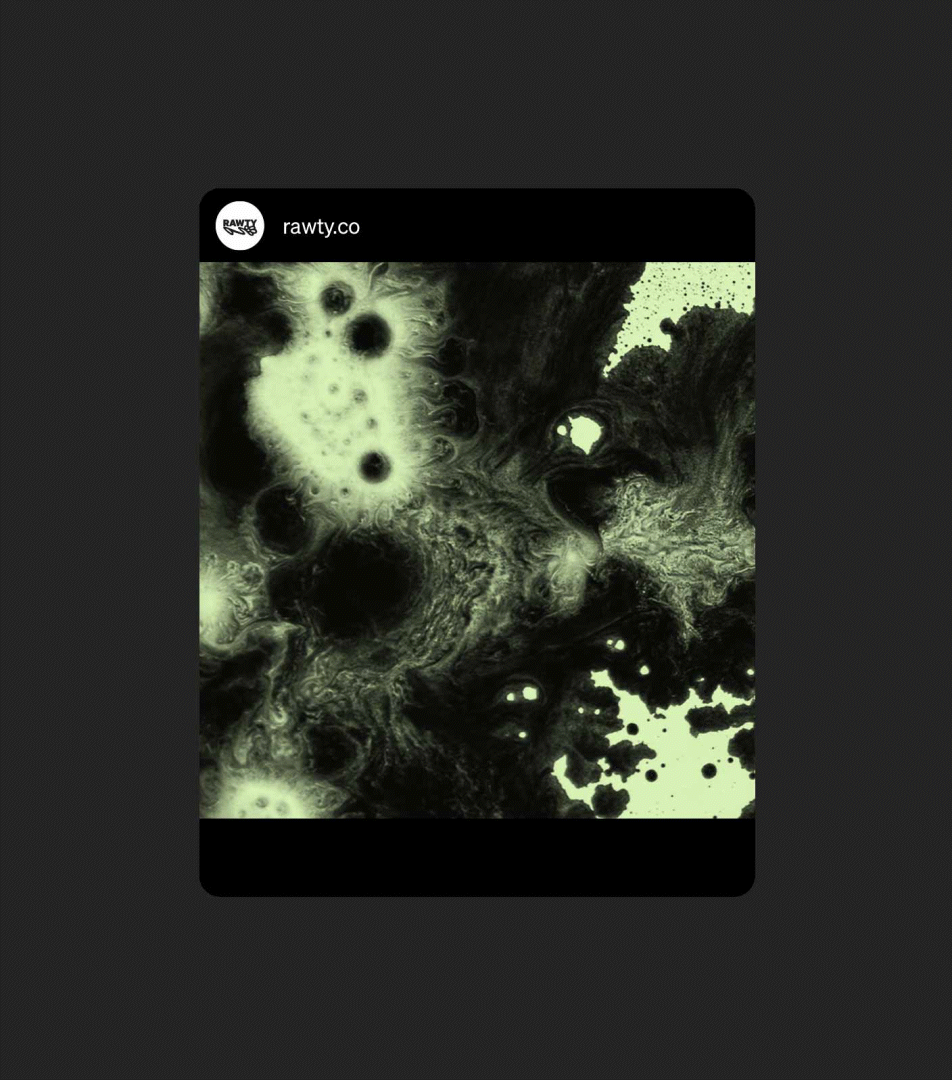 An instagram post by RAWTY showing the animated floosh (horizontal icon of an abstract flower) on an organic green and black texture.